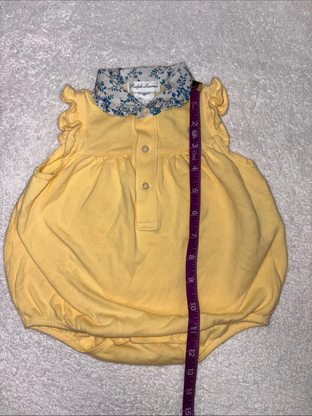 Ralph Lauren Yellow Baby Polo Romper with Floral Collar bubble 6m